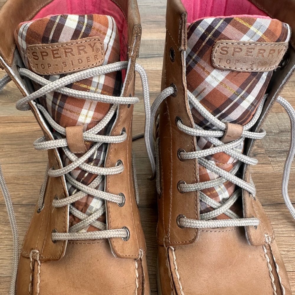 Sperry Women’s Top Sider Tan Leather Lace Up Boots with Plaid Accent 8.5 - Picture 3 of 11